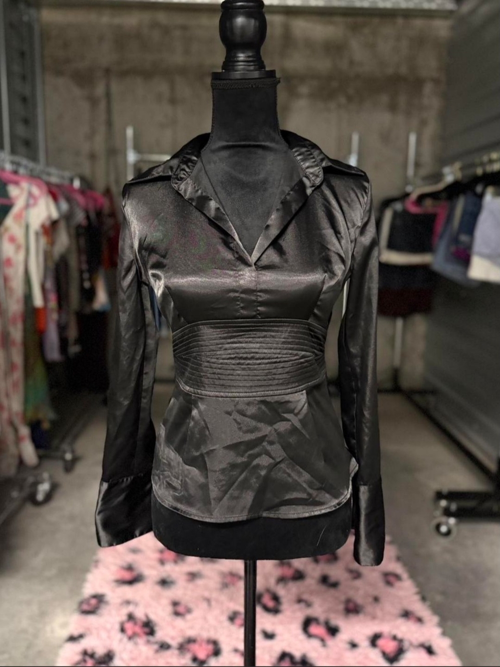 Black Satin Blouse with Cummerbund Waist Detail